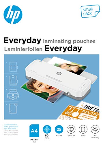 HP Everyday Laminierfolien, DIN A4, 80 Micron, glänzend, transparent, zum Heißlaminieren, 25 Stück, 9154 von HP