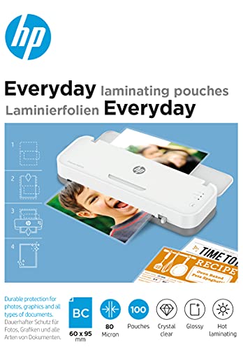 HP Everyday Laminierfolien, Visitenkarten, 80 Micron, glänzend, transparent, zum Heißlaminieren, 100 Stück, 9157 von HP