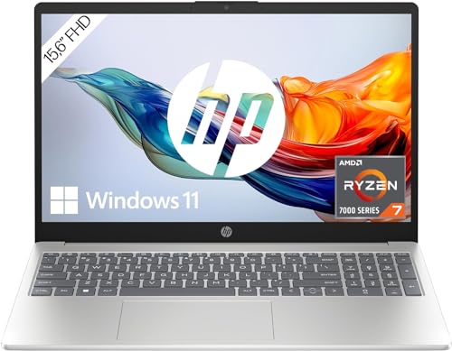 HP Laptop, 15,6 Zoll (39,6 cm) FHD IPS Display, AMD Ryzen 7 7730U, 16 GB RAM, 512 GB SSD, AMD Radeon-Grafik, Windows 11 Home, QWERTZ Tastatur, silber, mit HP Fast Charge von HP