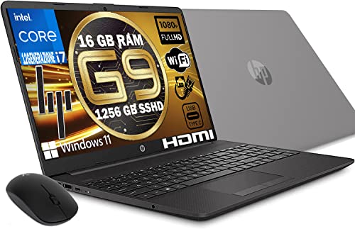 HP Notebook 250 G9 Modell 2023, Laptop PC, grau, Intel Core i7 1255U 12Th Gen 4,7 GHz, RAM 16 GB, SSD 1256 GB, Display 15,6 Zoll Full HD, Win 11 Pro, Libre Office, Computer sofort einsatzbereit, Maus von HP