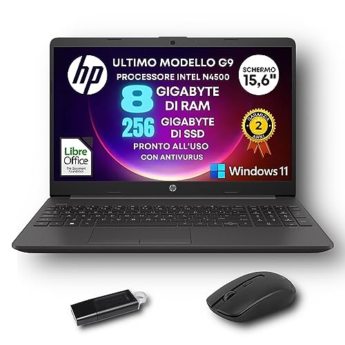 HP Notebook G9, Notebook, Intel N4500 2,8 GHz, HD-Display 15,6 Zoll (15,6 Zoll), RAM 8 GB DDR4, SSD 256 GB, Bt, Win11 Pro, Libre Office, kabellose Maus + 32 GB Pendrive gratis von HP