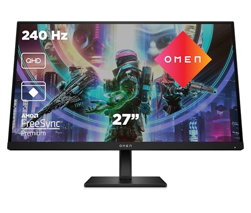 HP OMEN 27qs Gaming Monitor - 27 Zoll Bildschirm, QHD Display, 240Hz, AMD FreeSync Premium, 1 ms Reaktionszeit, 2x HDMI 2.0, Display Port 1.4, 2x USB-A, USB-B, Audioausgang, RGB Beleuchtung, schwarz von HP