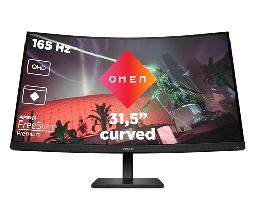 HP OMEN 32c Gaming Monitor - 31,5 Zoll Bildschirm, QHD Display, 165Hz, AMD FreeSync Premium, 1 ms Reaktionszeit, 2x HDMI 2.0, Display Port 1.4, Audioausgang, curved, schwarz von HP