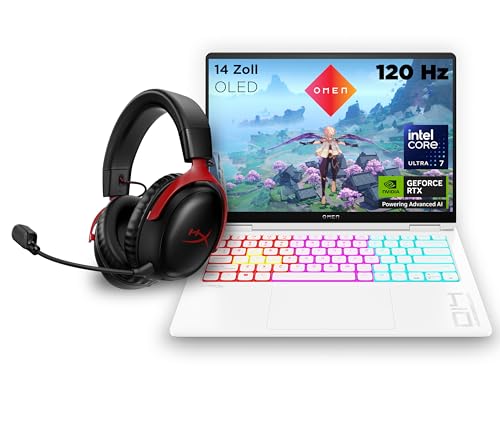 HP OMEN Transcend Gaming Laptop, 14 Zoll 2,8K OLED 120Hz, Intel Core Ultra 9 185H, 32 GB DDR5 RAM, 1 TB SSD, NVIDIA GeForce RTX 4070 (8GB), QWERTZ, Windows 11, Weiß inkl. HyperX Cloud III Wireless von HP