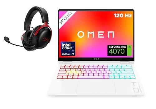 HP OMEN Transcend Gaming Laptop, 14 Zoll 2,8K OLED 120Hz, Intel Core Ultra 9 185H, 32 GB DDR5 RAM, 1 TB SSD, NVIDIA GeForce RTX 4070 (8GB), QWERTZ, Windows 11, Weiß inkl. HyperX Cloud III Wireless von HP