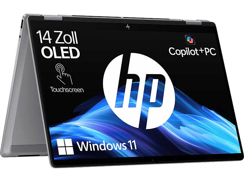 HP OmniBook X FlipNGAI 14-fm0379ng , Convertible, mit 14 Zoll Display, Intel® Core™ Ultra 7,258V Prozessor, 32 GB RAM, 1 TB SSD, Arc™ GPU, Gletschersilber, Windows 11 Home von HP