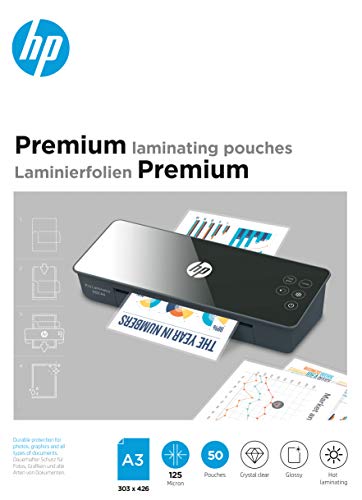 HP Premium Laminierfolien, DIN A3, 125 Micron, glänzend, transparent, zum Heißlaminieren, 50 Stück, 9127 von HP