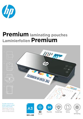 HP Premium Laminierfolien, DIN A3, 80 Micron, glänzend, transparent, zum Heißlaminieren, 50 Stück, 9126 von HP