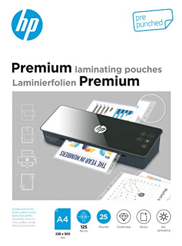HP Premium Laminierfolien, DIN A4, mit Lochung, 125 Micron, glänzend, zum Heißlaminieren, 25 Stück, 9122 von HP