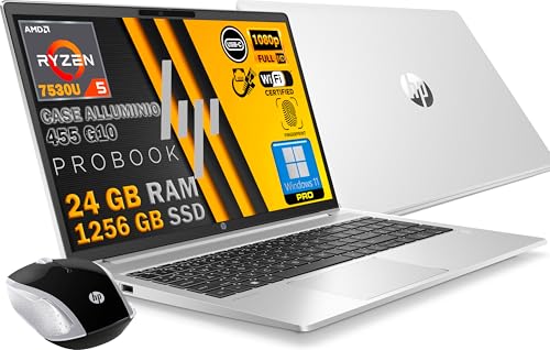HP Probook 455 G10 Notebook Silber aus Aluminium, RAM 24 GB, SSD 1256 GB, FullHD Display 15,6 Zoll, Cpu Amd Ryzen 5 7530U mit 4,6 GHz, Fingerprint, Win11 Pro, WIFI-Maus von HP