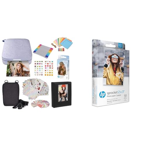 HP Sprocket Portable 2x3 Zoll Sofortbilddrucker (Lila) Starter-Kit & 2x3 Premium Zink Fotopapier (50 Blatt), kompatibel mit tragbarem Kettenrad-Fotodrucker von HP