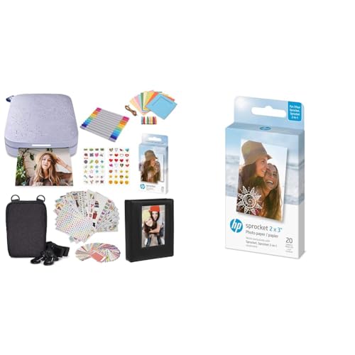 HP Sprocket Portable 2x3 Zoll Sofortbilddrucker (Lila) Starter-Kit & Sprocket 5x7,6 cm Premium Zink Sticker Fotopapier (20 Blatt) Kompatibel Sprocket Fotodruckern von HP