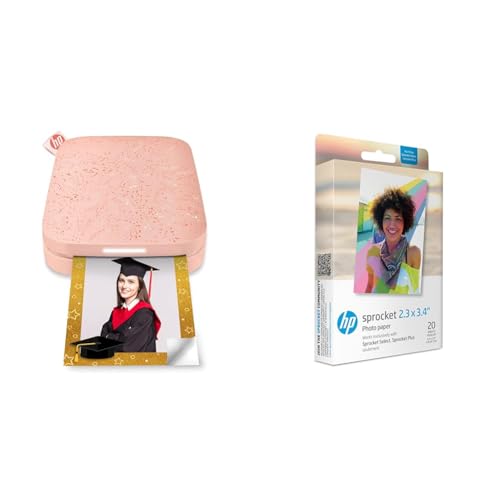 HP Sprocket Portable 5x7.6 cm Sofortbilddrucker (Rosa) & Sprocket 5.8x8.7 cm Premium Zink Sticker Fotopapier (20 Blatt) Kompatibel Sprocket Select Fotodruckern von HP
