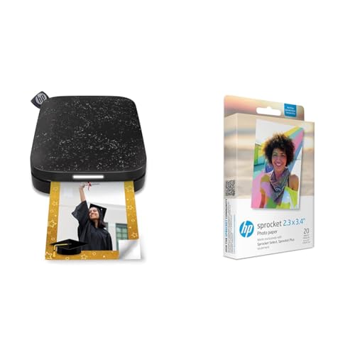 HP Sprocket Portable 5x7.6 cm Sofortbilddrucker (Schwarz) Sprocket 5.8x8.7 cm Premium Zink Sticker Fotopapier (20 Blatt) Kompatibel Sprocket Select Fotodruckern von HP