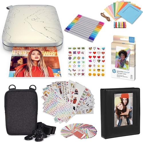 HP Sprocket Select Tragbarer Sofortbilddrucker mit 2,3 x 3,4 Zoll (Weiß) Kit: Zink-Papier 20er Pack, Fotoalbum, Etui, Marker, Stickersets. von HP