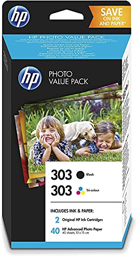 HP Z4B62EE 303 Photo Value Pack mit 2 Druckerpatronen (Schwarz, Farbe) und 40 Blatt HP Photo Papier (10 x 15 cm) für HP ENVY Photo, Rot/Blau/Gelb von HP