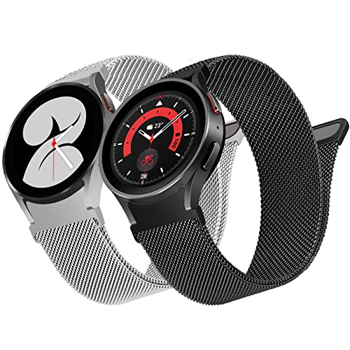 2 Stück Keine Lücke Edelstahl Armband für Samsung Galaxy Watch 6/5/4 40mm 44mm/Galaxy Watch 5 Pro 45mm/Galaxy Watch 6/4 Classic 43mm 47mm 42mm 46mm/Watch 3 41mm, Mesh Metall Armband, Silber/Schwarz von HPJK