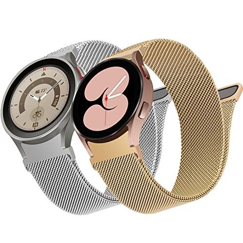 2 Stück Keine Lücke Edelstahl Armband für Samsung Galaxy Watch 6/5/4 40mm 44mm/Galaxy Watch 5 Pro 45mm/Galaxy Watch 6/4 Classic 43mm 47mm 42mm 46mm/Watch 3 41mm, Mesh Metall Armband, Silber/Roségold von HPJK