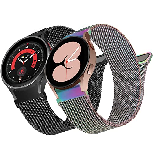 2 Stück Keine Lücke Edelstahl Armband für Samsung Galaxy Watch 6/5/4 40mm 44mm/Galaxy Watch 5 Pro 45mm/Galaxy Watch 6/4 Classic 43mm 47mm 42mm 46mm/Watch 3 41mm, Mesh Metall Armband, Schwarz/Bunt von HPJK