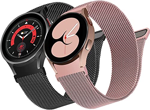 2 Stück Keine Lücke Edelstahl Armband für Samsung Galaxy Watch 6/5/4 40mm 44mm/Galaxy Watch 5 Pro 45mm/Galaxy Watch 6/4 Classic 43mm 47mm 42mm 46mm/Watch 3 41mm, Mesh Metall Armband, Schwarz/Rosa von HPJK