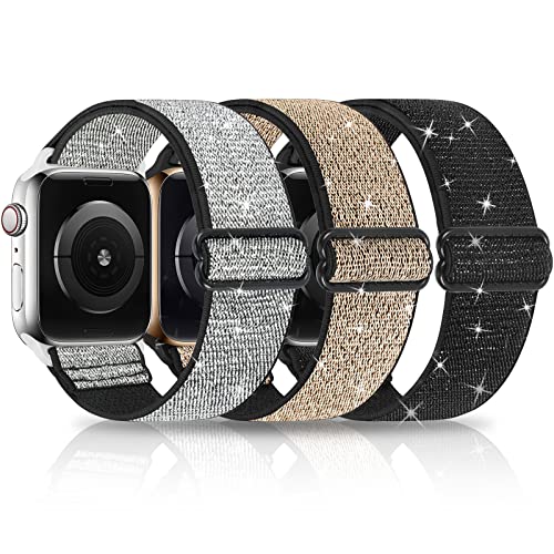 HPJK 3 Packs Glitzer Sport Loop Armband Kompatibel mit Apple watch 41mm 40mm 38mm, Nylon Geflochten Elastische Ersatzband für iWatch Series 7 6 5 4 3 2 1 SE, 41mm 40mm 38mm Schwarz/Gold/Silber-S HPJK 3 Packs Glitzer Sport Loop Armband Kompatibel mit Apple watch 41mm 40mm 38mm, Nylon Geflochten Elastische Ersatzband für iWatch Series 7 6 5 4 3 2 1 SE, 41mm 40mm 38mm Schwarz/Gold/Silber-S von HPJK
