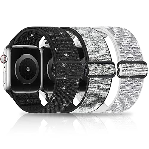HPJK 3 Packs Glitzer Sport Loop Armband Kompatibel mit Apple watch 45mm 44mm 42mm, Nylon Geflochten Elastische Ersatzband für iWatch Series 7 6 5 4 3 2 1 SE, 45mm 44mm 42mm Schwarz/Silber-W/Silber-S HPJK 3 Packs Glitzer Sport Loop Armband Kompatibel mit Apple watch 45mm 44mm 42mm, Nylon Geflochten Elastische Ersatzband für iWatch Series 7 6 5 4 3 2 1 SE, 45mm 44mm 42mm Schwarz/Silber-W/Silber-S von HPJK