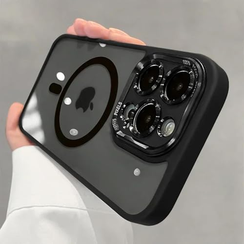 HPQWN Für iPhone 14 ProMax Luxus magnetische Metalllinse Stoßfängerschutzhülle Kabelloses Laden Harte durchsichtige Abdeckung (Für iPhone 14 ProMax/Schwarz) von HPQWN