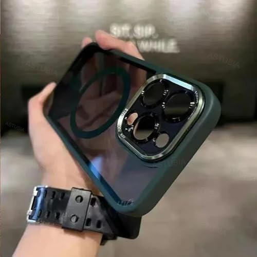 HPQWN Für iPhone 15 Plus Luxus magnetische Metalllinse Stoßfängerschutzhülle Kabelloses Laden Harte durchsichtige Abdeckung (Für iPhone 15 Plus/Dunkelgrün) von HPQWN