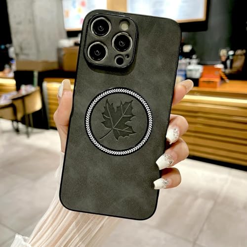 HPQWN Für iPhone 15 Plus Retro-Lederhülle mit Ahornblatt-Design (für iPhone 15 Plus/Dunkelgrau) von HPQWN