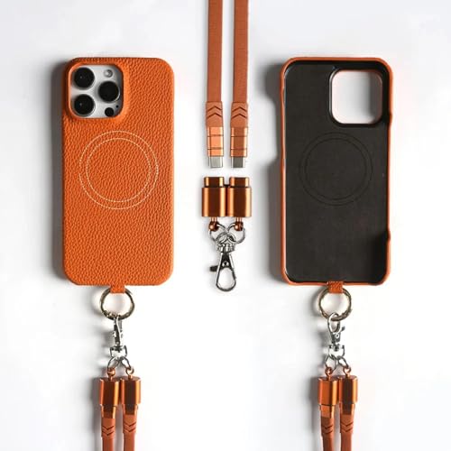 HPQWN Für iPhone 15 Pro Max Leder-Handyhülle mit Ladelanyard-Hüllen, magnetische Abdeckung (für iPhone 15 Pro Max/mit orangefarbenem Armband) von HPQWN