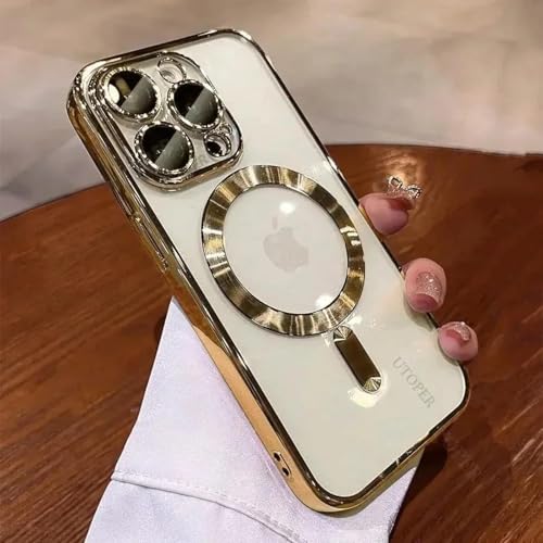 HPQWN Für iPhone 16 Plus Plating Soft TPU Full Lens Protect Case Magnetische kabellose Ladeabdeckung (Für iPhone 16 Plus/Gold) von HPQWN