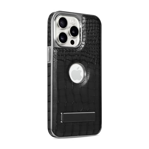 HPQWN Für iPhone 16 Pro Max Lederhalter Galvanisierte Telefonhülle Halterung Magnetische Schutzhülle (Für iPhone 16 Pro Max/Schwarz) von HPQWN