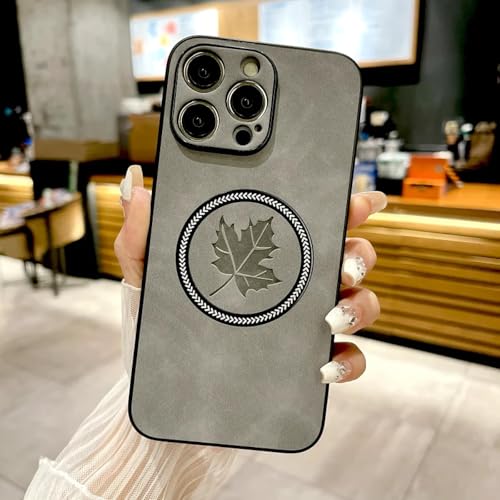 HPQWN Für iPhone13 Pro Max Retro Leder Maple Leaf Case Ladehüllen (Für iPhone13 Pro Max/Hellgrau) von HPQWN