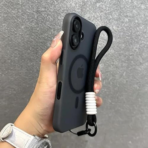 HPQWN für iPhone 16 Pro Candy Color Contrast Lanyard Case Handschlaufe Matte Soft Cover (für iPhone 16 Pro/BlackGS) von HPQWN