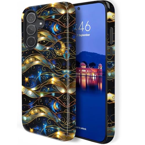 HQUSZPT Schutzhülle für Samsung Galaxy S25, zweilagiger Schutz, strapazierfähig, kompatibel mit Samsung Galaxy S25, Buntglas-Effekt, Mond und Sterne von HQUSZPT