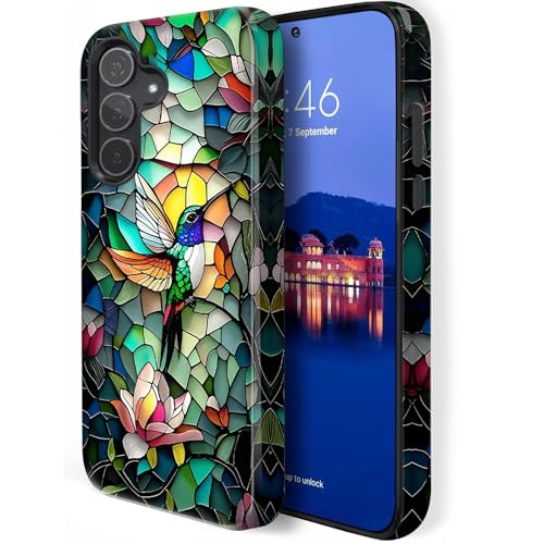 HQUSZPT Schutzhülle für Samsung Galaxy S25 Plus, zweilagiger Schutz, strapazierfähig, kompatibel mit Samsung Galaxy S25 Plus, Buntglas, Kolibri-Muster von HQUSZPT