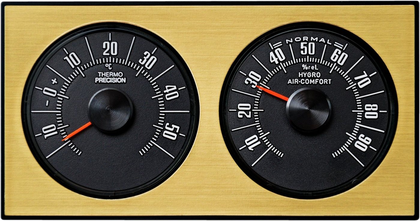HR Autocomfort Analoge Wetterstation Thermometer Hygrometer 1972 goldfarben Wetterstation (Ein Aufstellbügel, Historische Neuware orig. aus 1972) von HR Autocomfort