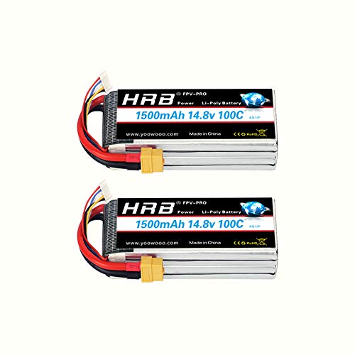 HRB 4S Lipo Akku 1500mAh 14.8V 100C Pack mit XT60 Plug für UAV Drohne FPV Rennen RC Auto Boot Quadcopter (2 Pack) von HRB POWER