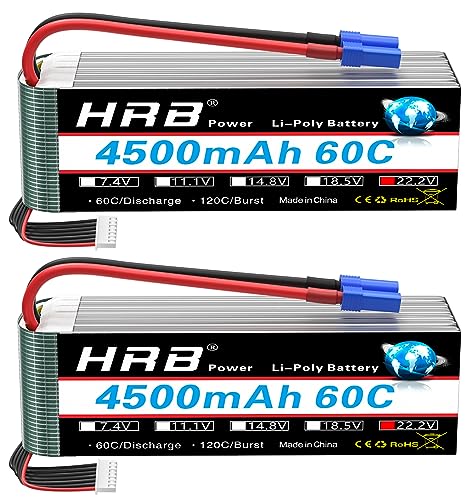 HRB 6S Lipo Akku 22,2V 4500mAh 60C Lipo Akku mit EC5 Stecker Batterie der Klasse A+ für RC Auto Flugzeug Buggy Hubschrauber LKW Hobby (2 Pack) von HRB POWER