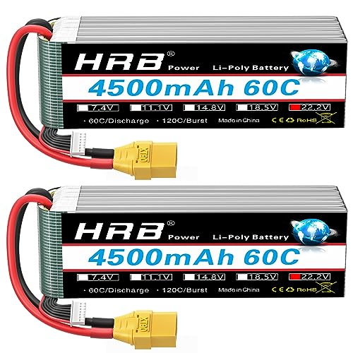 HRB 6S Lipo Akku 22,2V 4500mAh 60C Lipo Akku mit XT90 Stecker Batterie der Klasse A+ für RC Auto Flugzeug Buggy Hubschrauber LKW Hobby (2er Pack) von HRB POWER