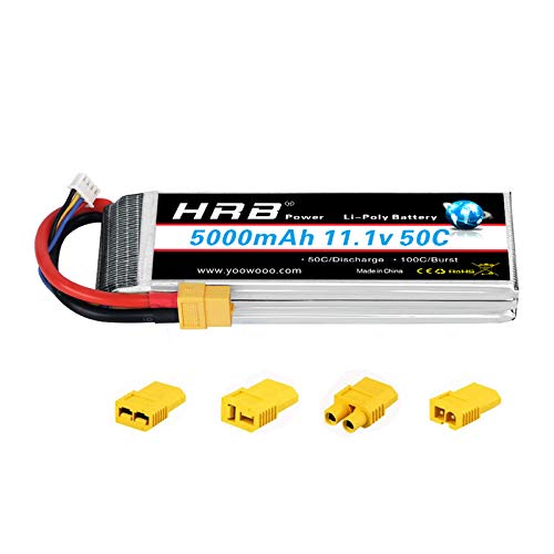HRB RC AKKU LiPo 5000mAh 11.1V 3S 50C XT60 Stecker für RC Hobby RC Auto Helikopter Fleugzeug (XT60 Stecker mit 4 Stück Adapter) von HRB POWER