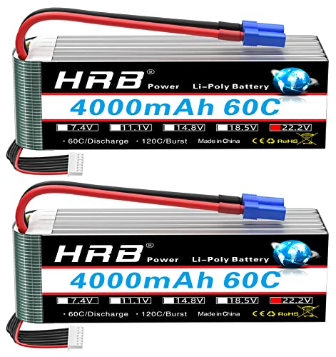 HRB 6S Lipo Akku 22,2V 4000mAh 60C Klasse A+ Batterie mit EC5 Stecker für RC Quadrocopter Flugzeug Helikopter Auto Boot Hobby (2 Stück) von HRB POWER