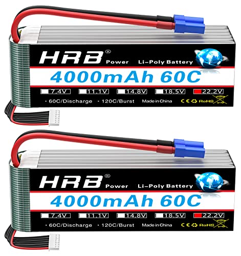 HRB 6S Lipo Akku 22,2V 4000mAh 60C Klasse A+ Batterie mit EC5 Stecker für RC Quadrocopter Flugzeug Helikopter Auto Boot Hobby (2 Stück) von HRB