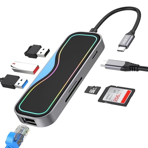 HRSDEIE USB C Hub 7 in 1 Adapter mit Gigabit Ethernet, Multiport USB C Adapter mit PD 100W, 3 USB-A 3.0 5Gbps, SD/TF Kartenleser, Dockingstation, kompatibel mit MacBook/Surface/HP/iPad/Dell von HRSDEIE