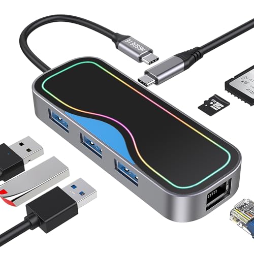 USB-C-Hub mit Ethernet-Adapter, 7-in-1 USB-Splitter mit 100 W PD, SD/TF-Kartenleser, 3 USB 3.0-Anschlüsse, von HRSDEIE