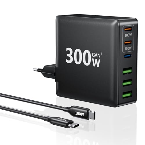 HSSNS 300W USB-C Ladegerät, 6 Port USB Ladegerät Mehrfach Schnellladegerät mit 3 USB-C und 3 USB-A, GaN PD Ladegerät USB C für MacBook iPad Pro/Air, iPhone 16 15 Pro Max, Samsung usw. von HSSNS