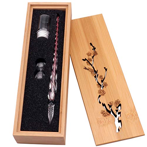Glas Dip-Stift Jahrgang Handgemachte Glas Unterschrift Stift Elegante Kristall Dip Zeichen Geschenk Stift Mit Geschnitzten Holzkiste(Rot) von HSTYAIG