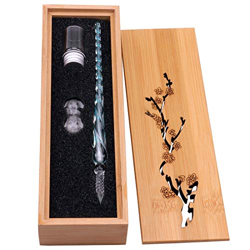 HSTYAIG Glas Dip-Stift Jahrgang Handgemachte Glas Unterschrift Stift Elegante Kristall Dip Zeichen Geschenk Stift Mit Geschnitzten Holzkiste(Blau) von HSTYAIG