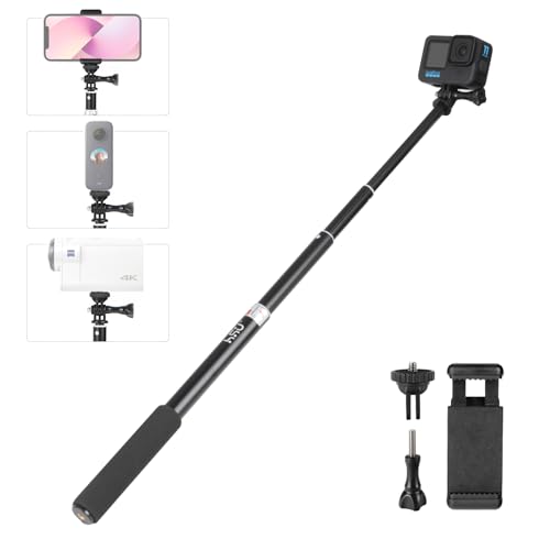HSU 92CM Selfie Stick für GoPro, Teleskopstange für Insta 360, 4-Stange Aluminium Selfie-Stangen für Smartphone und Action-Kameras von HSU