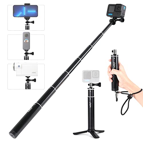 HSU Selfie Stick für GoPro, Aluminum Selfie-Stange für Insta360 Action Cam, Teleskopstange für Hero 12/11/10/9/8/7/6/5/4/3 (64cm) von HSU